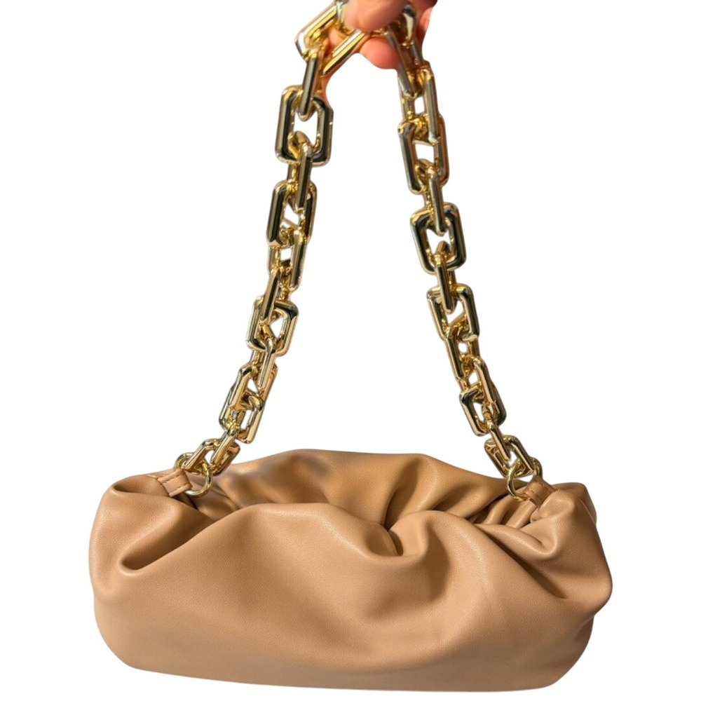 Chic Ruched Clutch Handbag Gold Chain Strap Faux Leather‎ Tan